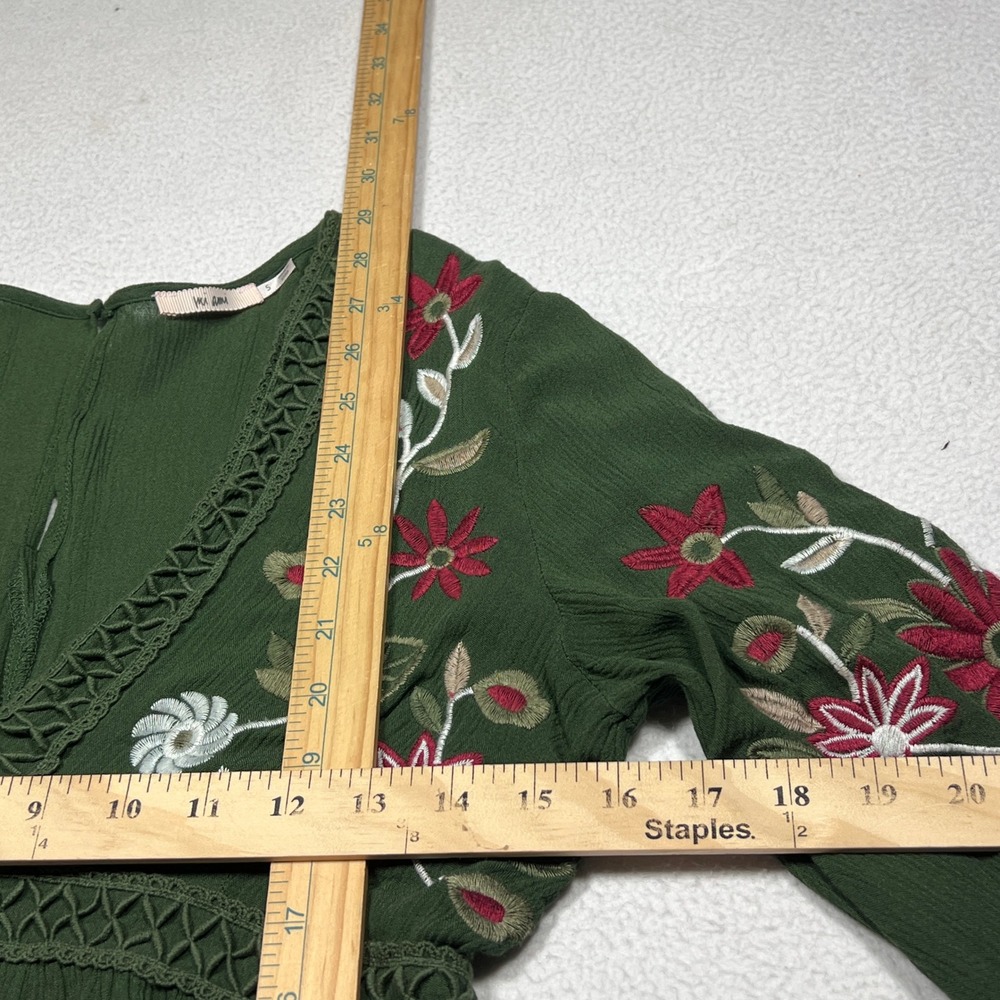 Mi Ami Dress Women Small Green Floral Embroidered Boho Mini Tiered Peasant Flowy - Picture 6 of 10